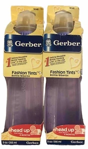 2004 Gerber fashion tints 9oz baby bottles purple 4M+ Latex nipples. Incl 2😊 - Picture 1 of 6