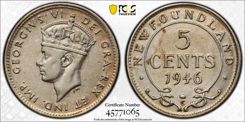 Newfoundland 5 cents 1946 C about uncirculated PCGS AU cleaned RARE KEY DATE! Cover