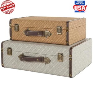 Vintage Wooden Storage Trunks Set Decorative Woven Boxes Rustic Home Decor New - Picture 1 of 2