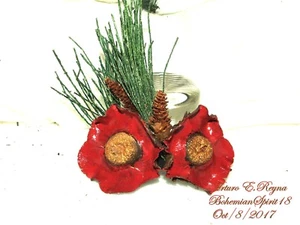 ARTURO E.REYNA RED DOUBLE DRY FLOWERS PINE CONE HANDMADE BROOCH/PIN - Picture 1 of 5