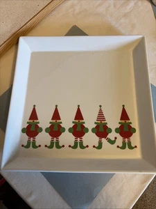 Crate & Barrel Square Platter 12" x 12" White Porcelain Christmas Jingle Elves - Picture 1 of 7