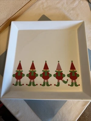 Crate & Barrel Square Platter 12" x 12" White Porcelain Christmas Jingle Elves - Image 1 of 4