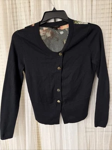 Ted Baker Atilla Cardigan Cotton Poly Woven Floral Printed Back Panel Sz2 Nv - Picture 1 of 12