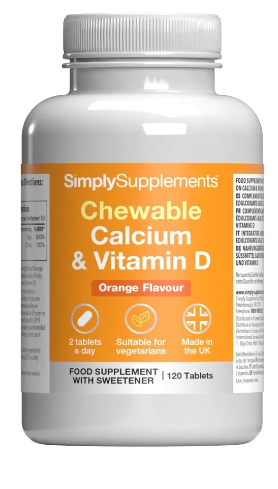 SIMPLY SUPPLEMENTS Chewable Calcium and Vitamin D Tablets | Orange Flavour Calcium Carbonate