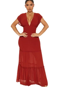 Fashion Nova Sienna Rost Maxikleid Gr. S gerafft Taillen Rüschen Meerjungfrau - Bild 1 von 13