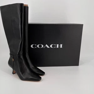 Coach Raquel Leather Tall Boots Size 9B Black Zip Closure Mid Heel CW985 - Picture 1 of 24