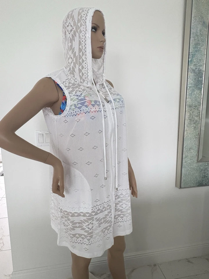 DOTTI Blanco Natación Gitana Gema Sin Mangas Cubre Cremallera Completa Con Capucha Talla Mediana Nuevo con Etiquetas Foto 1 de 4