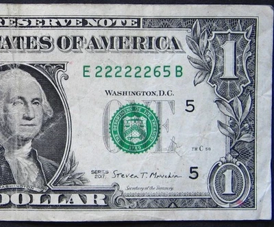 2017 $1 (ONE DOLLAR) - NOTE - SERIAL NUMBER - TRINARY, LEADING SIX 2's IN A ROW - Image 1 of 3