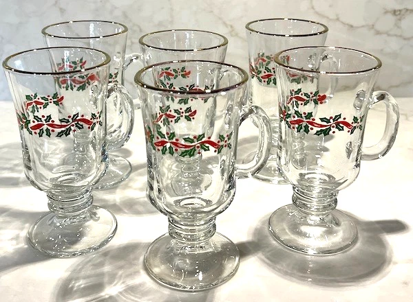 Винтажный Кружки на ножках Anchor Hocking Holly & Ribbon, набор из 6, золотой ободок - Изображение 1 из 4