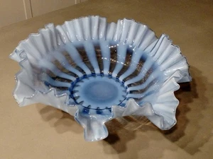 13" Fenton Glass Opalescent Provincial Blue Rib Optic Double Ruffled Bridal Bowl - Picture 1 of 6