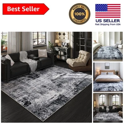 Stylish 5x7 Washable Rug - Grey & Black Boho Abstract Pattern, Pet Friendly - Image 1 of 4