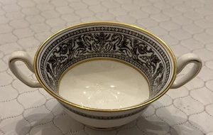 Wedgwood Florentine Black Cream Soup Bowl Cup 2 Handle Gold Trim NEW England - Picture 1 of 4