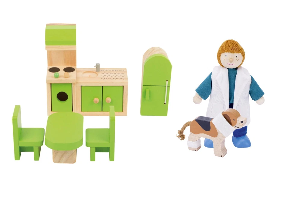 Kinder Holzspielzeug Puppenhausmöbel 5tlg. Küche + Goki Biegepuppe Tierärztin - Bild 1 von 1