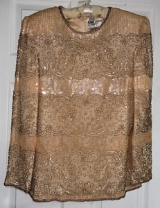 Vintage Joan Leslie Evenings 100% Silk Size S Small Peach Sequins & Gold Beading - Picture 1 of 7