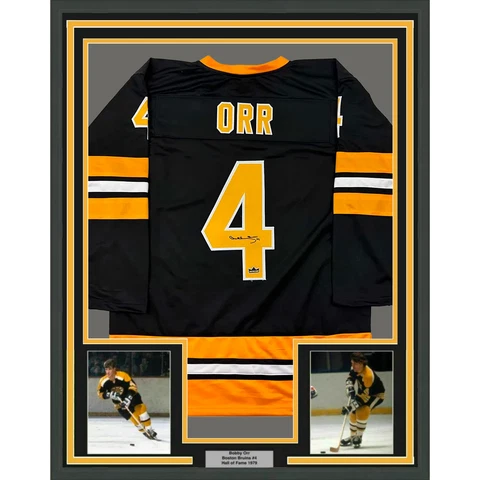 Framed Facsimile Autographed Bobby Orr 33x42 Black Reprint Laser Auto Jersey Cover