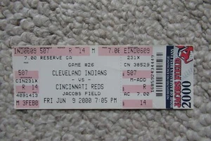 CLEVELAND INDIANS VS REDS 6/9/2000 FULL TICKET ~ JUSTICE/SEXSON (2 HRs EACH) - Picture 1 of 1