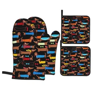 Cute Dachshund Oven Mitts And Pot Holders Set Funny Dogs Print Kitchen Gloves He - Picture 1 of 7