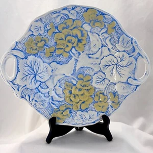 Handmade Ceramic Serving Platter with Handles - Blue & Yellow Relief - Floral  - Picture 1 of 7