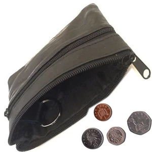 MEN'S LADIES BLACK REAL LEATHER COIN POUCH WALLET PURSE ZIPS UNISEX - Picture 1 of 2