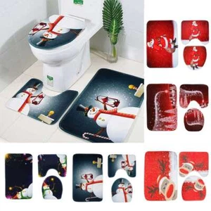 3pcs Christmas Santa Snowman Bathroom Rug Set Thick Bath Mat Toilet Lid Cover - Picture 1 of 16