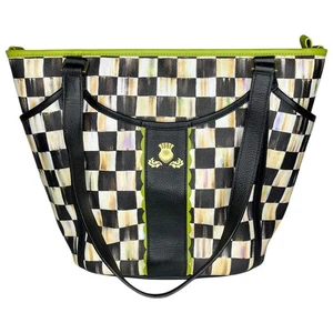 MacKenzie Childs Courtly Check Chartreuse Black Leather Diaper Bag Tote - Picture 1 of 9