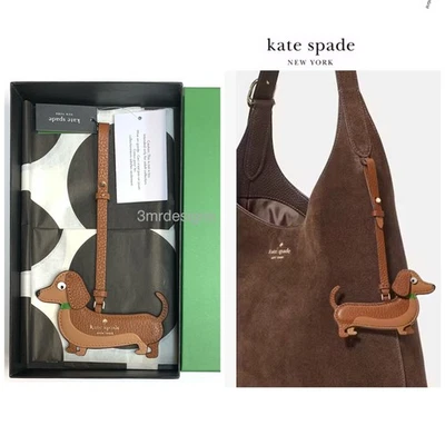 Novo com etiquetas Kate Spade Dachshund couro seixo de cachorro folheado a ouro pálido pendurar etiqueta/chaveiro - Imagem 1 de 4