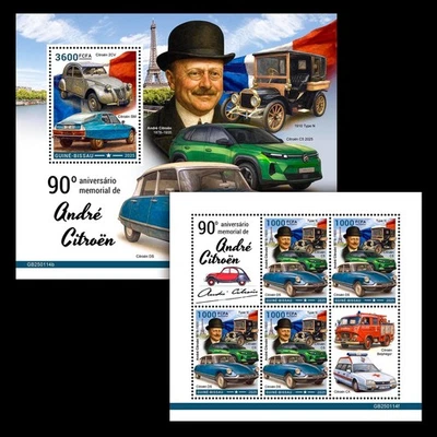 André Citroën 90th Memorial Cars MNH Stamps 2025 Guinea-Bissau M/S + S/S - Image 1 of 3