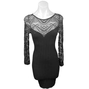 Bebe Women's Black Lace Round Neck Long Sleeve Stretch Bodycon Midi Dress Size S - Picture 1 of 5