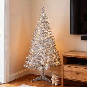 Árbol de Navidad artificial plateado de 4 pies 50 cuerdas luces oropel mini decoración navideña - Imagen 1 de 10
