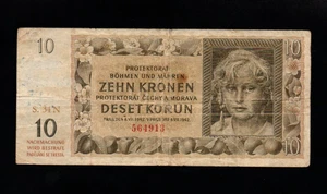 10 KORUN VG  BANKNOTE FROM GERMAN OCCUPIED CZECHOSLOVAKIA/BOHEMIA 1942  PICK-8 - Picture 1 of 2