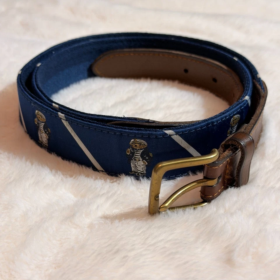 Polo Ralph Lauren Men's Navy Blue Bear Print Striped Leather Trim Belt - Image 1 of 4