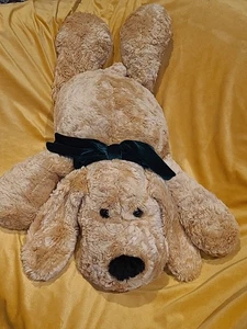 "Juguete de peluche flojo vintage Chosun bronceado suave cachorro perro con arco de terciopelo verde XL 34""" - Imagen 1 de 10