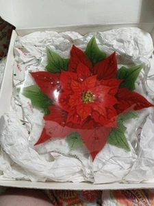 Peggy Karr Fused Art Glass Red Poinsettia Flower Decorative Art Glass Bowl 11" - Picture 1 of 6