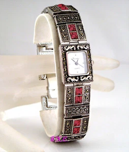 Silver Vintage Red Garnet & Genuine Marcasite Semi Precious Gems Bracelet Watch - Picture 1 of 12