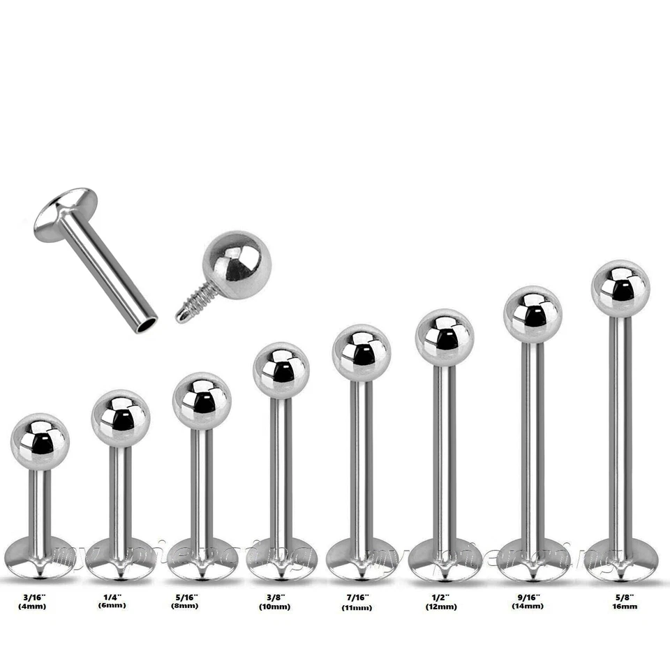 18G 16G 14G Surgical Steel Internally Threaded Cheek Labret Tragus with Ball End - Image 1 of 3