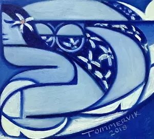 Hawaiian Wall Art Hula Girl Blue Surfing Painting Surfer Wave Surfboard Decor - Picture 1 of 1