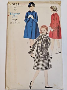 Dress Coat Long Scarf Girls 10 Vogue 5739 Sewing Pattern Cut VTG Wool Tweed Knee - Picture 1 of 8