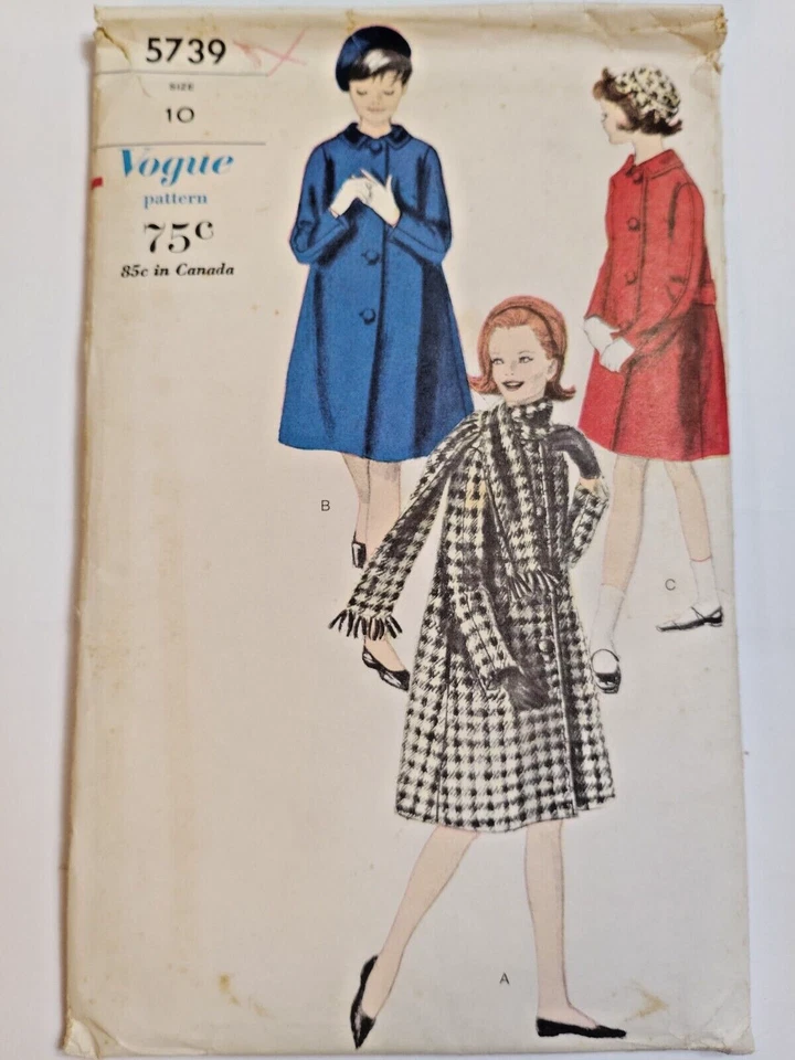 Dress Coat Long Scarf Girls 10 Vogue 5739 Sewing Pattern Cut VTG Wool Tweed Knee - Image 1 of 4