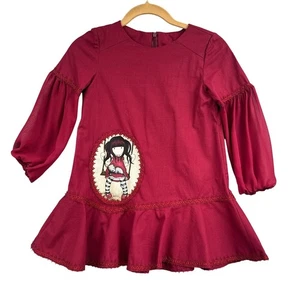 Little Girl Dress 6 Drop Waist Ruffled Puff Sleeve Red Prairie Cottage Peasant - Picture 1 of 14