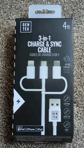 Gentek 3-in-1 Charge & Sync Cable (Apple, Micro USB, USB-C) 4 Ft - Photo 1 sur 6