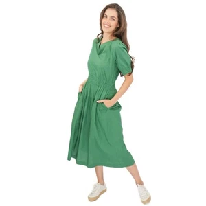 Womens Seasalt Green Summer Dress Edith Smocked Waisted Midi Short Sleeve V-Neck - Picture 1 of 9