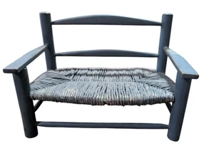 Vintage Doll Size Blue Wood & Wicker Bench Loveseat - 9.325" long - Picture 1 of 15