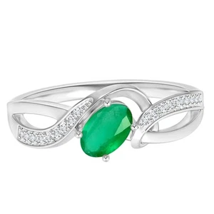 Oval Shape Emerald Split Shank Ring With Solitaire Accents 925 Sterling Silver - Picture 1 of 4