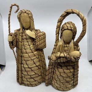 VTG Handmade Nativity Wood Straw & Wicker Weave Boho 16” Figurines HOLY FAMILY - Picture 1 of 7