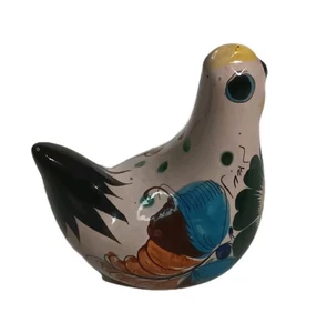 VTG Tonala Pottery Bird Hand Painted Mexican Folk Art Blue Floral Artist Signed - Picture 1 of 9