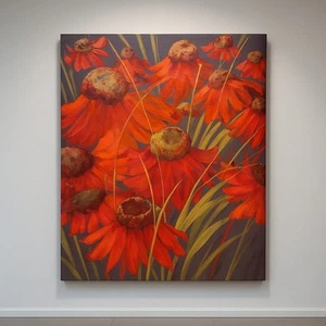 Large 36" x 36" Oil Painting On Canvas Red Echinacea Blooms No Frame - Picture 1 of 3