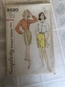 Simplicity 3520--Junior/Misses pantaloncini e camicia vintage taglia 18 modello da cucire - Foto 1 di 3