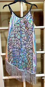 Pixiemain SPARKLE Silver L Geometric Sequin women dress Holographic w/ fringe - Picture 1 of 5