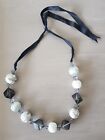 STATEMENT CHUNKY SILVER & BLACK BEAD NECKLACE, APPRX 70cm LENGTH, GOOD CONDITION