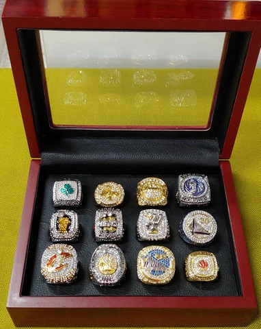 Set of 12 NBA Championship Basketball Rings 2008-2019 With Wooden Display Box Cover
